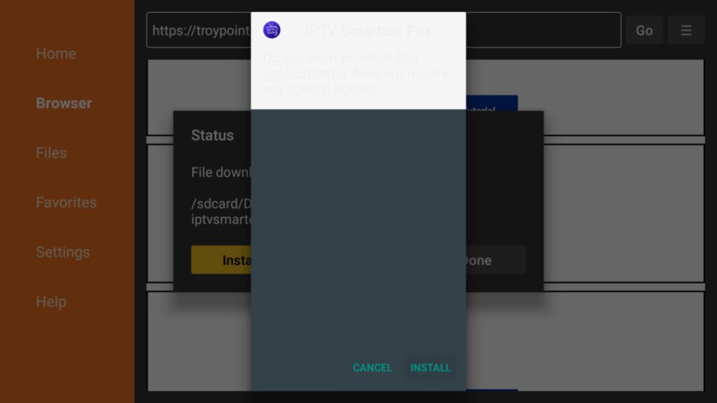 choosing install on the samrt iptv pro downloaded app